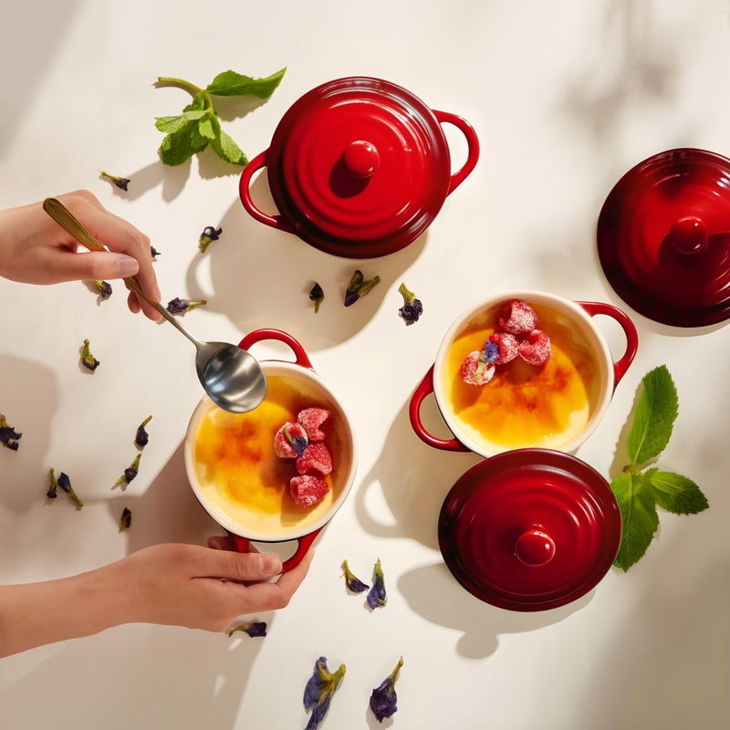 Kook Ceramic Mini Cocotte Set, Small Casserole Dishes with Lids and Handles, Individual Baking Ramekins, Oven, Microwave & Dishwasher Safe, Stoneware, 12 oz, Set of 4 (Crimson Ombre) - Image 4